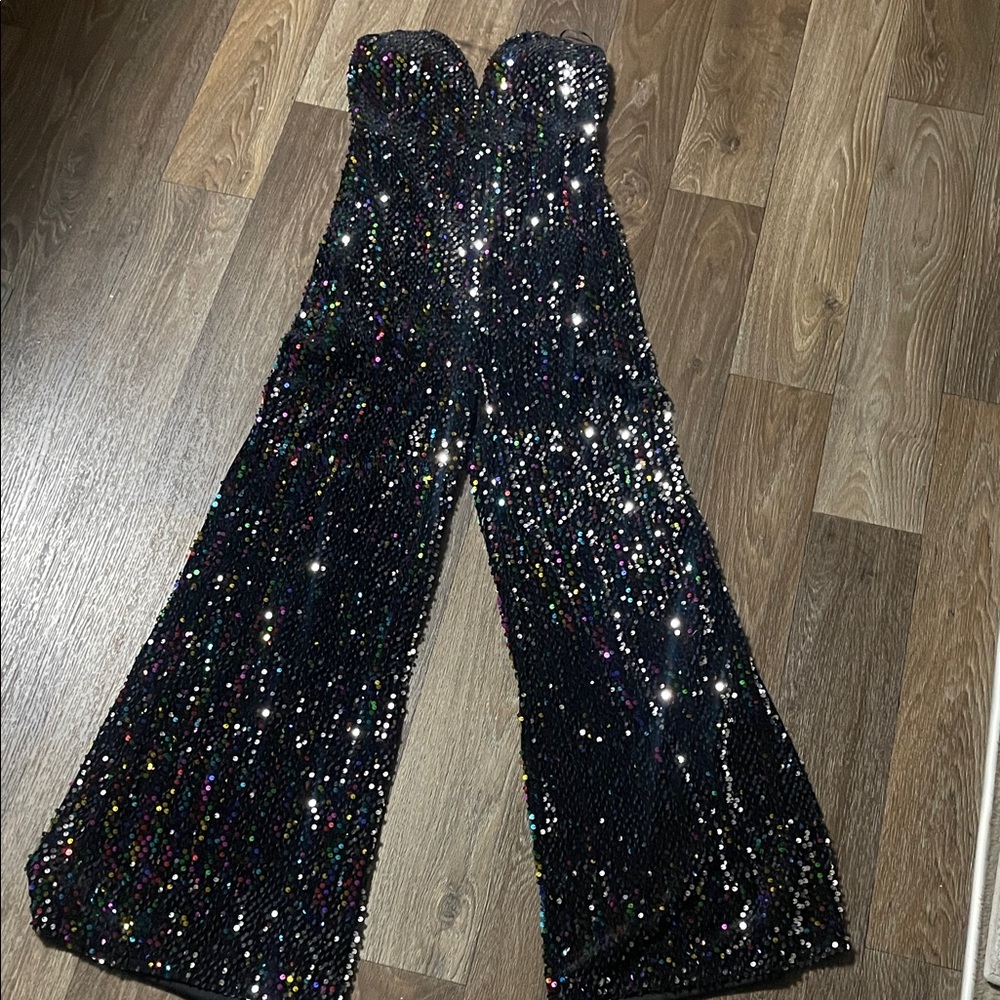 Sequin Strapless Jumpsuit - Black